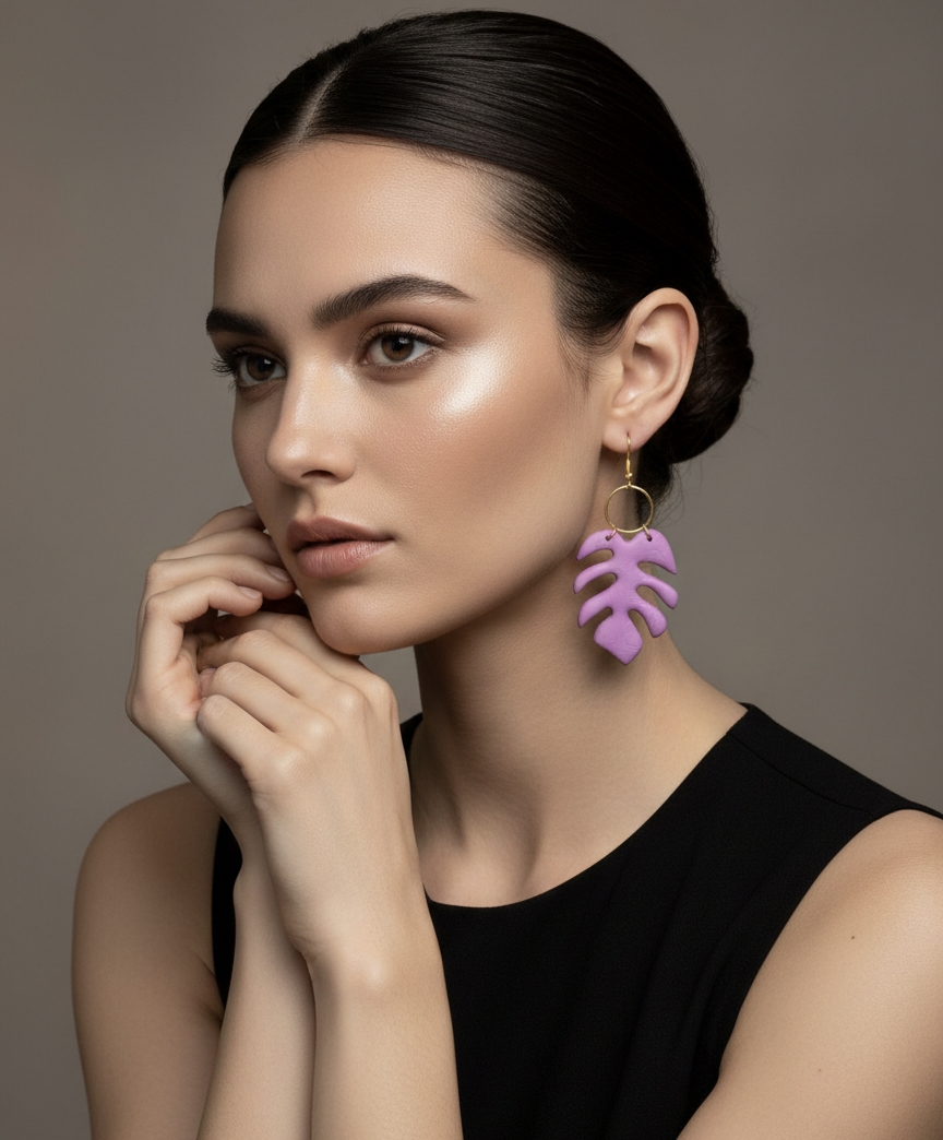 Handcrafted Earrings - Lilac Monstera