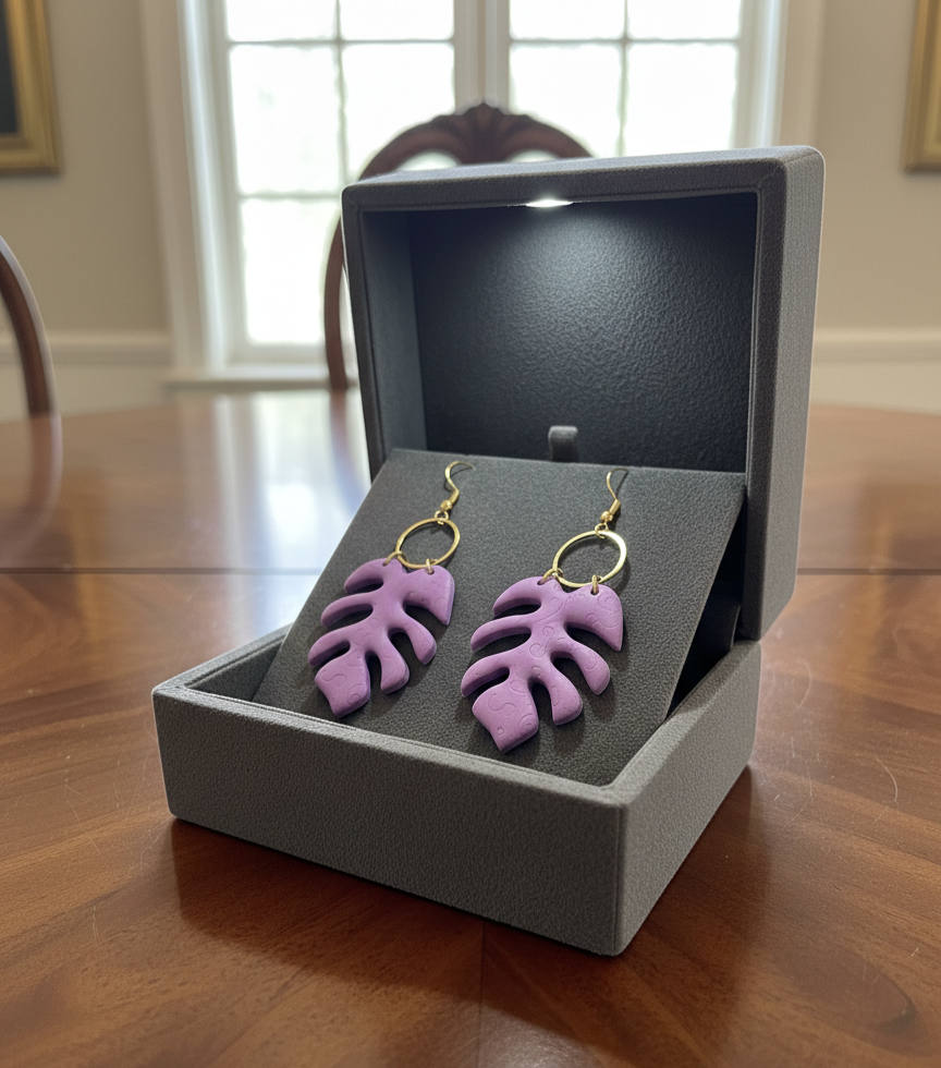 Handcrafted Earrings - Lilac Monstera