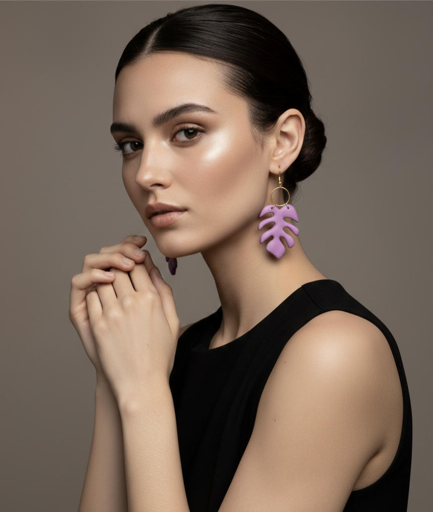 Handcrafted Earrings - Lilac Monstera