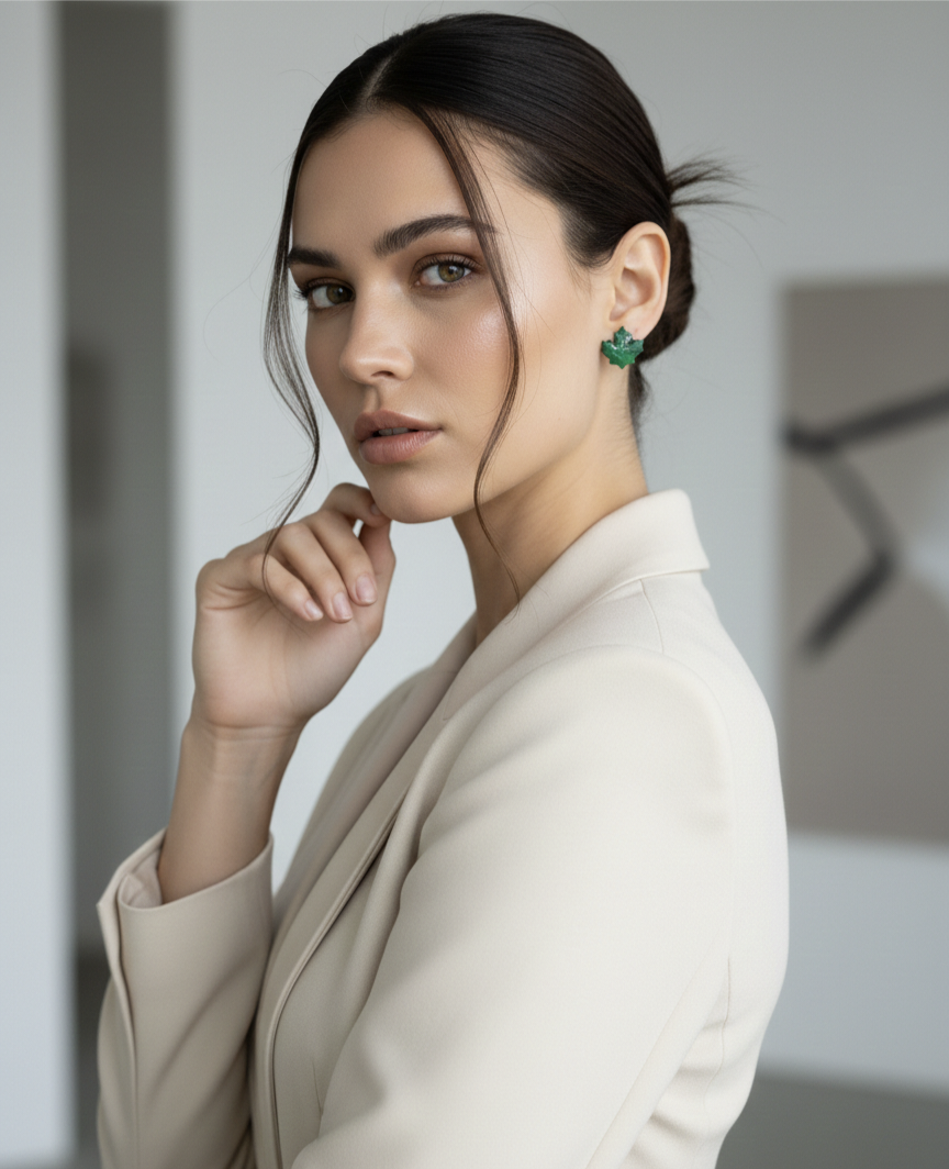 Handcrafted Earrings - Emerald Maple Leaf