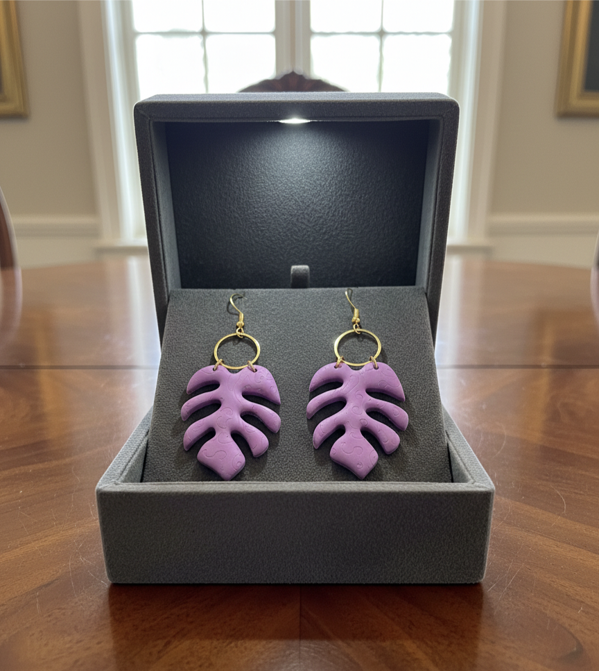 Handcrafted Earrings - Lilac Monstera